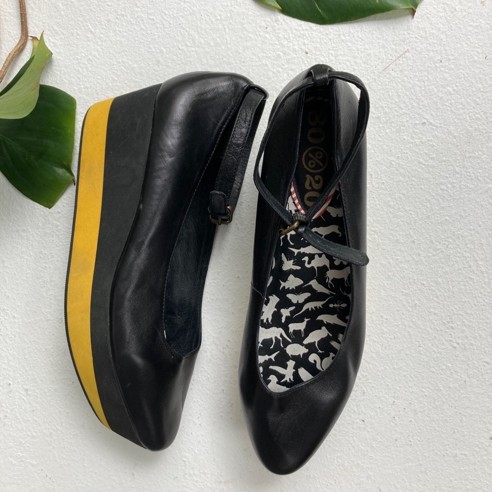 80%20 brand size 10 black and yellow leather platform shoes with ankle strap